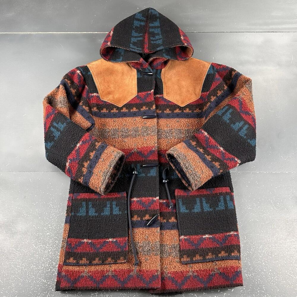 VTG Bad Lands Jacket Womens Small Black Orange Aztec Striped Wool Hood Hook Loop